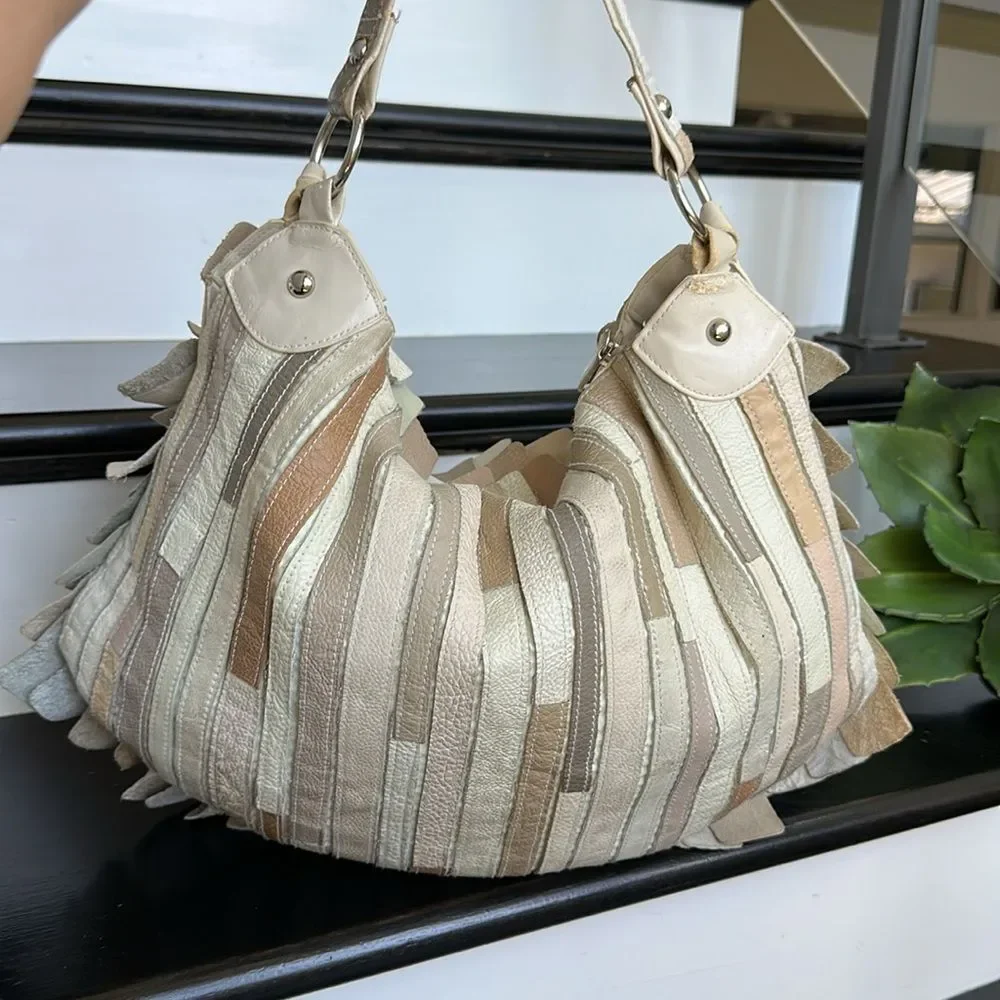 Neutral Multi-Tone Leather Patchwork Hobo Bag